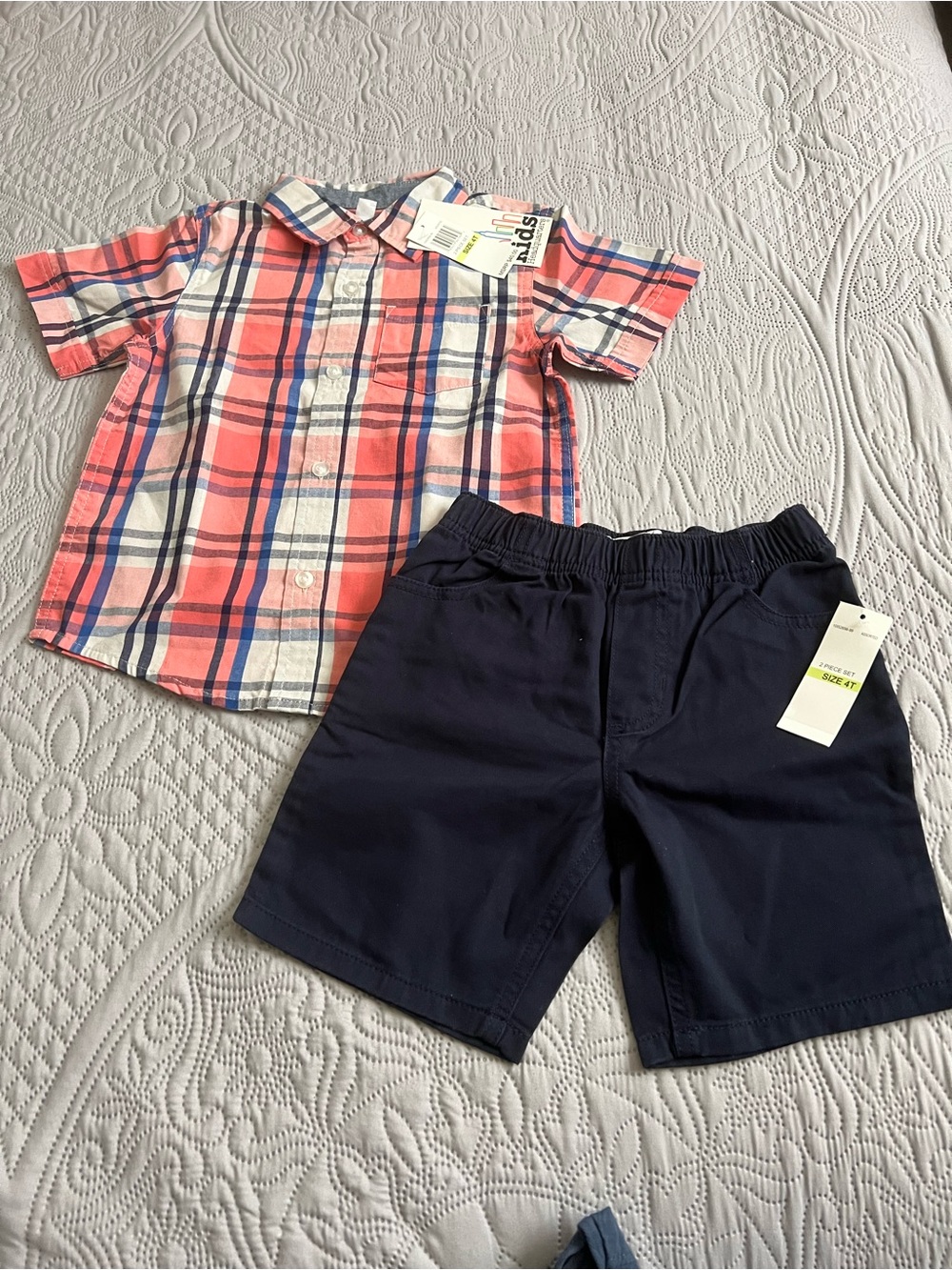Kid headquarters Coral Plaid Button-Down Shirt with Navy Shorts Set
